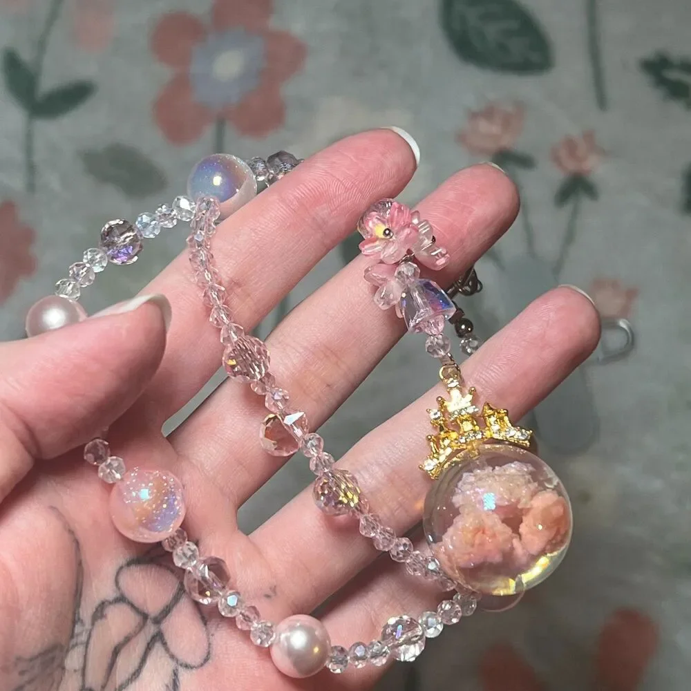 Pink Crystal Phone Charm Wristlet Coquette Fairy Princess Kawaii Anti-Theft Drop